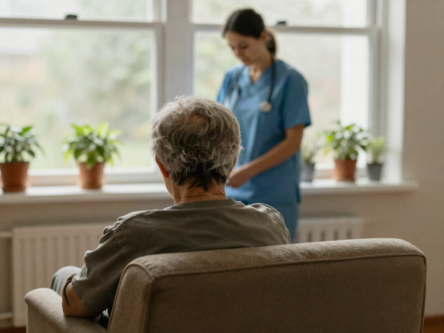 Pflegekraft begleitet eine Seniorin mit Demenz in einer Seniorenresidenz