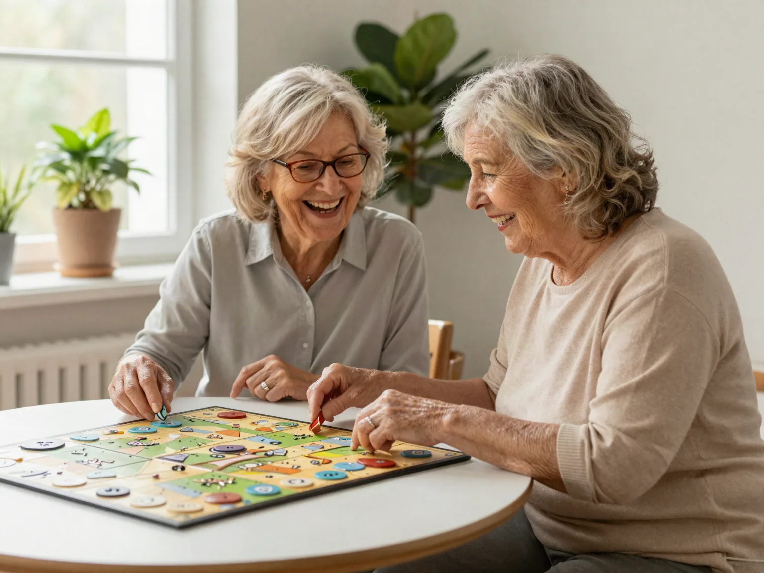 Zwei Seniorinnen spielen gemeinsam ein Brettspiel und lachen