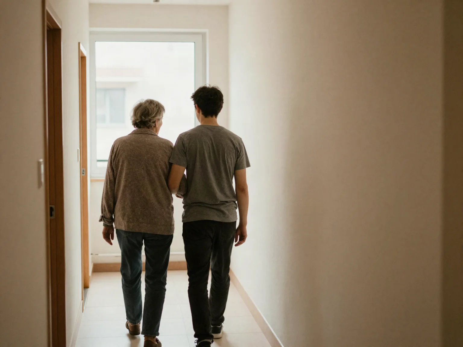 Ältere und jüngere Menschen begegnen sich im Innenhof eines Mehrgenerationen-Quartiers