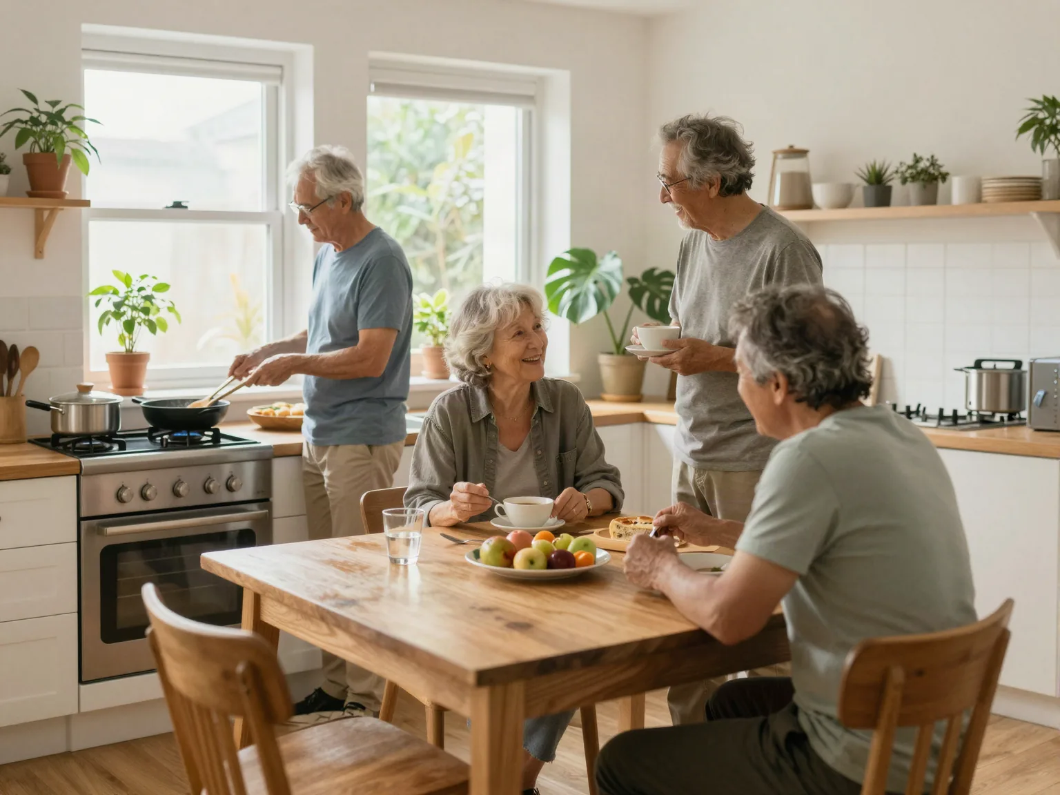 Drei Seniorinnen sitzen gemeinsam am Esstisch eines geteilten WG-Apartments in einer Seniorenresidenz
