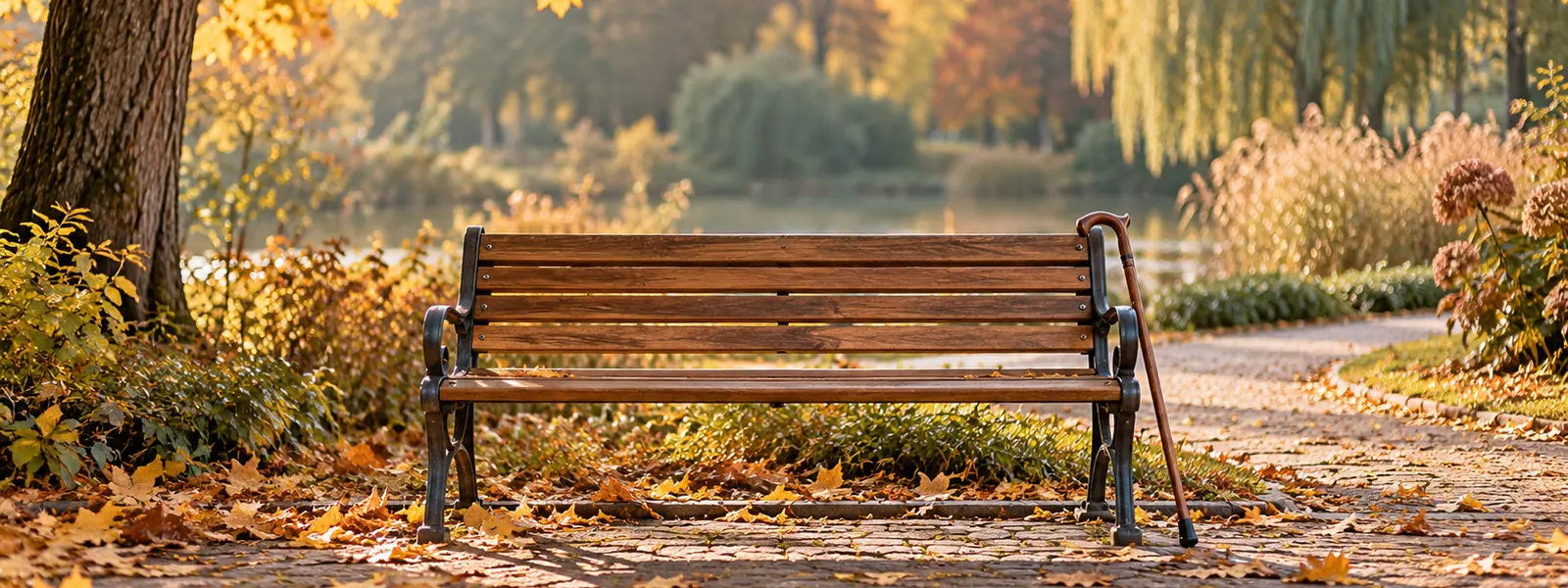 Symbolbild: Leere Parkbank mit Gehstock im herbstlichen Park (KI-generiert)