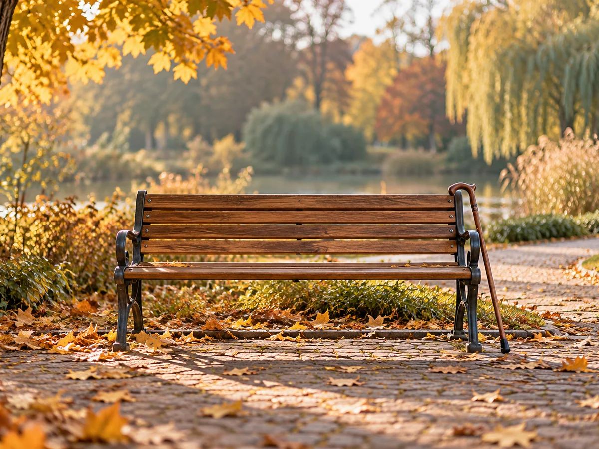 Symbolbild: Leere Parkbank mit Gehstock im herbstlichen Park (KI-generiert)