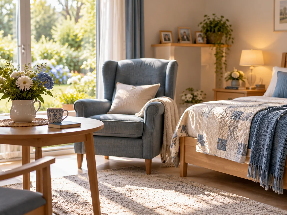 Symbolbild: Wohnliches Zimmer mit Sessel, Blumen und persönlichen Dingen (KI-generiert)