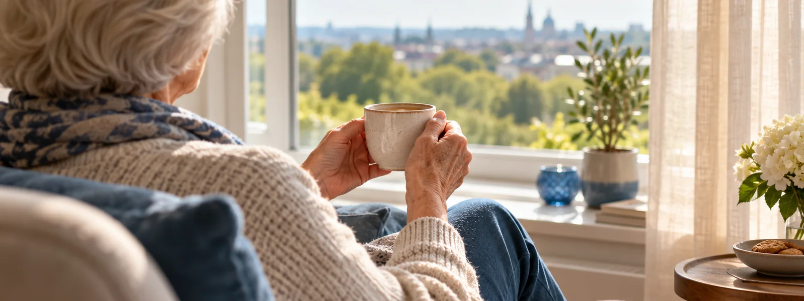 Symbolbild: Hände mit Kaffeetasse am hellen Fenster (KI-generiert)