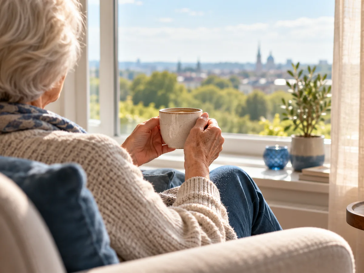 Symbolbild: Hände mit Kaffeetasse am hellen Fenster (KI-generiert)