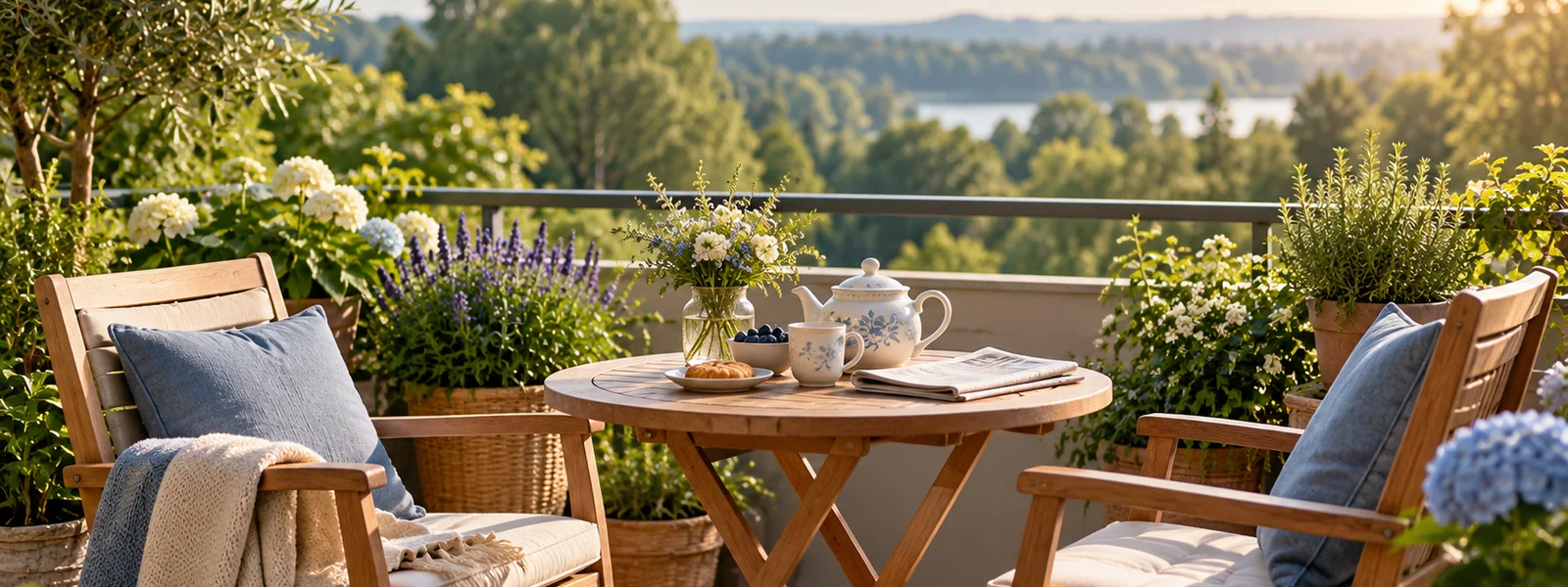 Symbolbild: Balkon mit Pflanzen, Tisch und zwei Stühlen (KI-generiert)