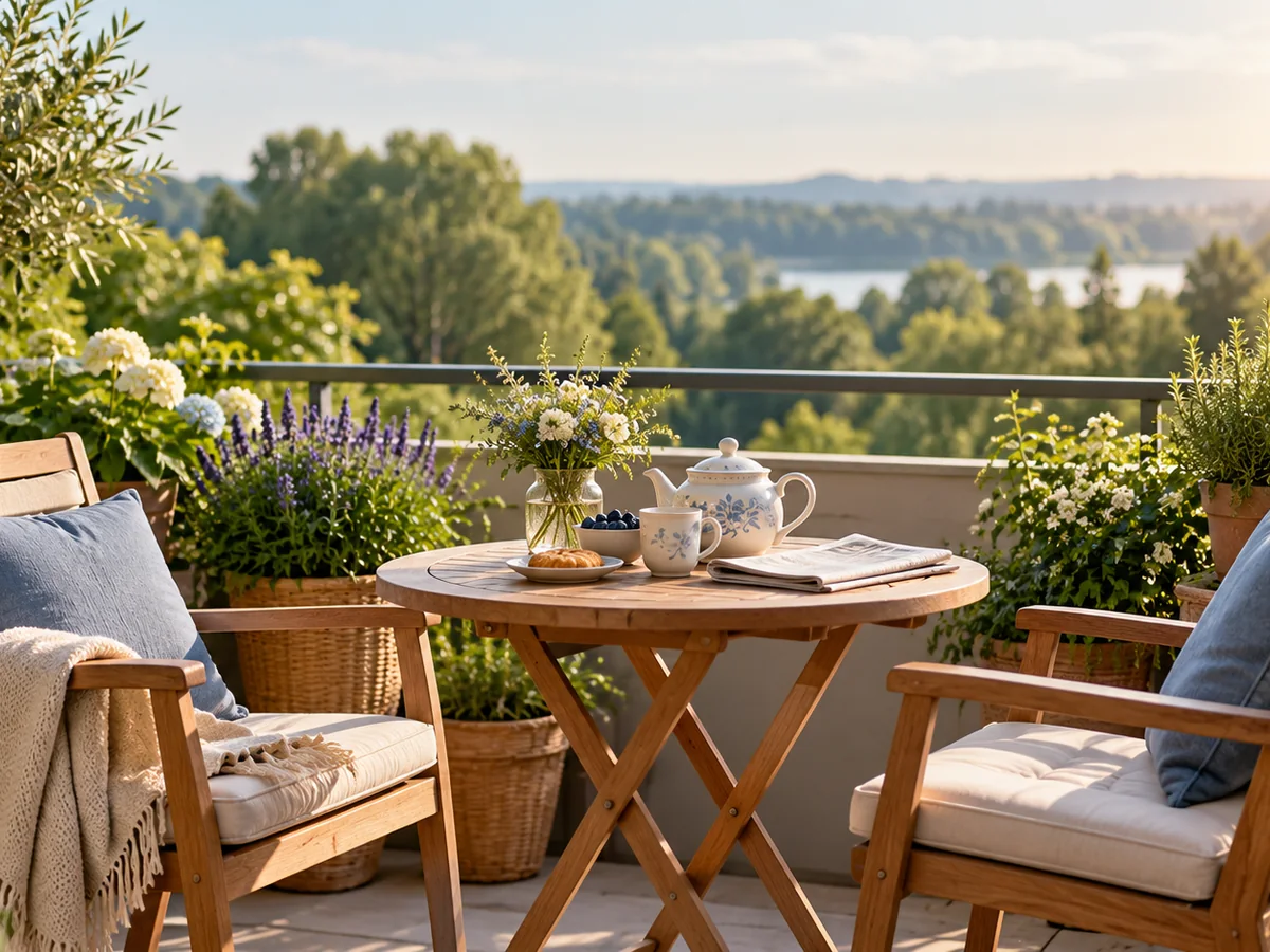 Symbolbild: Balkon mit Pflanzen, Tisch und zwei Stühlen (KI-generiert)